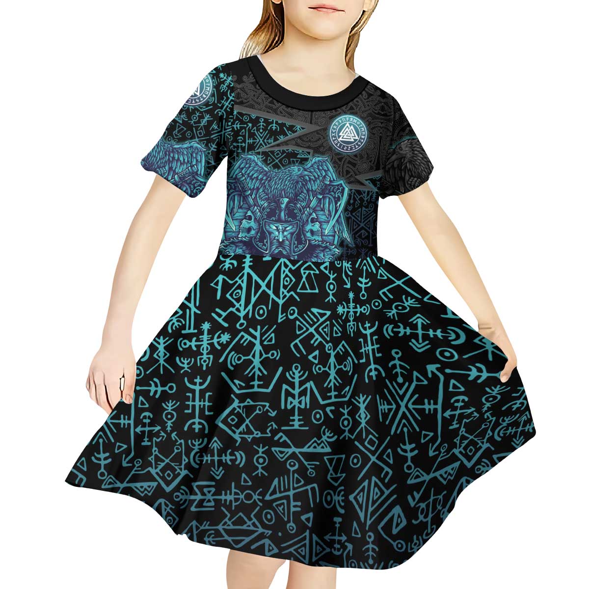 Viking Warrior and Raven Norse Mythology Kid Short Sleeve Dress Neon Line Art with Rune Patterns