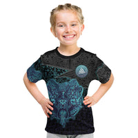Viking Warrior and Raven Norse Mythology Kid T Shirt Neon Line Art with Rune Patterns