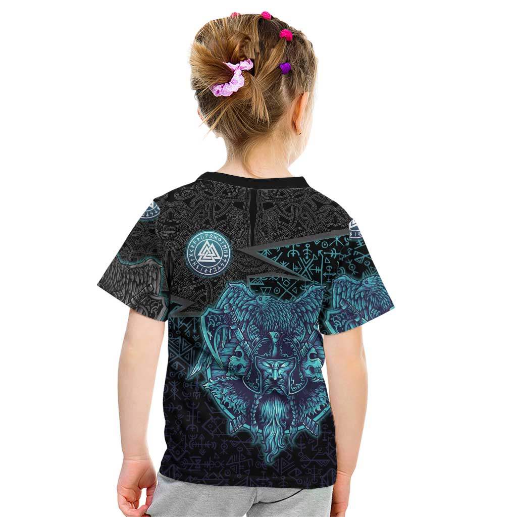 Viking Warrior and Raven Norse Mythology Kid T Shirt Neon Line Art with Rune Patterns