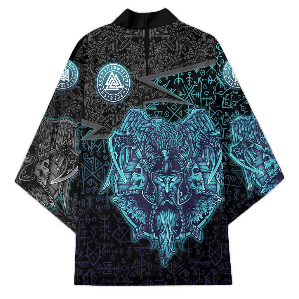 Viking Warrior and Raven Norse Mythology Kimono Neon Line Art with Rune Patterns