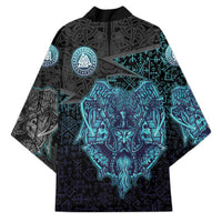 Viking Warrior and Raven Norse Mythology Kimono Neon Line Art with Rune Patterns
