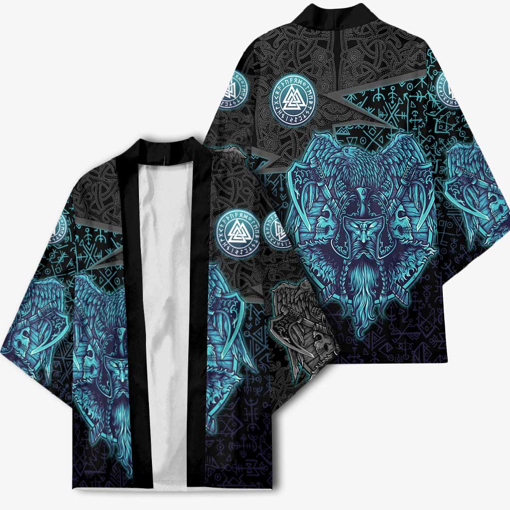 Viking Warrior and Raven Norse Mythology Kimono Neon Line Art with Rune Patterns