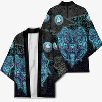 Viking Warrior and Raven Norse Mythology Kimono Neon Line Art with Rune Patterns