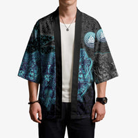Viking Warrior and Raven Norse Mythology Kimono Neon Line Art with Rune Patterns