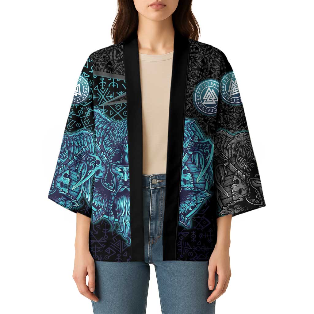 Viking Warrior and Raven Norse Mythology Kimono Neon Line Art with Rune Patterns