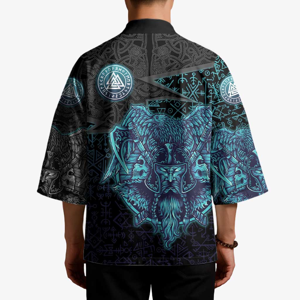 Viking Warrior and Raven Norse Mythology Kimono Neon Line Art with Rune Patterns