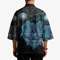 Viking Warrior and Raven Norse Mythology Kimono Neon Line Art with Rune Patterns