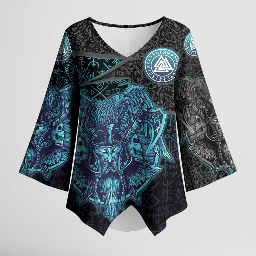 Viking Warrior and Raven Norse Mythology Kimono Sleeve Blouse Neon Line Art with Rune Patterns
