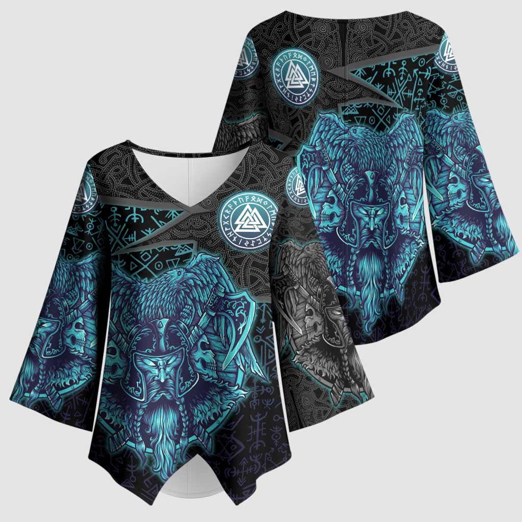 Viking Warrior and Raven Norse Mythology Kimono Sleeve Blouse Neon Line Art with Rune Patterns