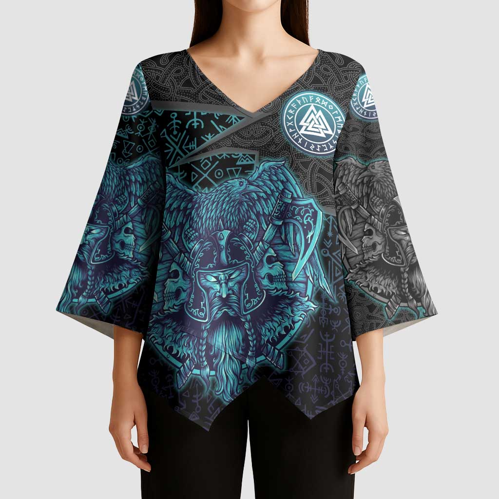 Viking Warrior and Raven Norse Mythology Kimono Sleeve Blouse Neon Line Art with Rune Patterns