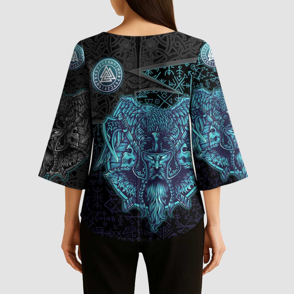 Viking Warrior and Raven Norse Mythology Kimono Sleeve Blouse Neon Line Art with Rune Patterns