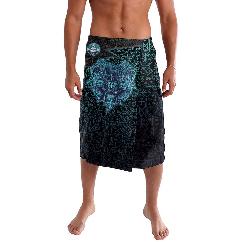 Viking Warrior and Raven Norse Mythology Lavalava Neon Line Art with Rune Patterns