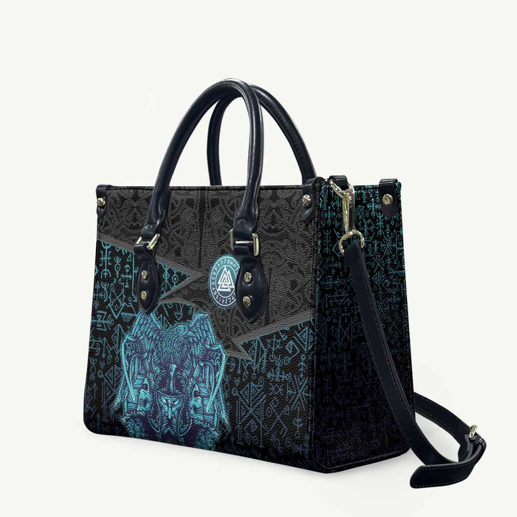 Viking Warrior and Raven Norse Mythology Leather Bag Neon Line Art with Rune Patterns