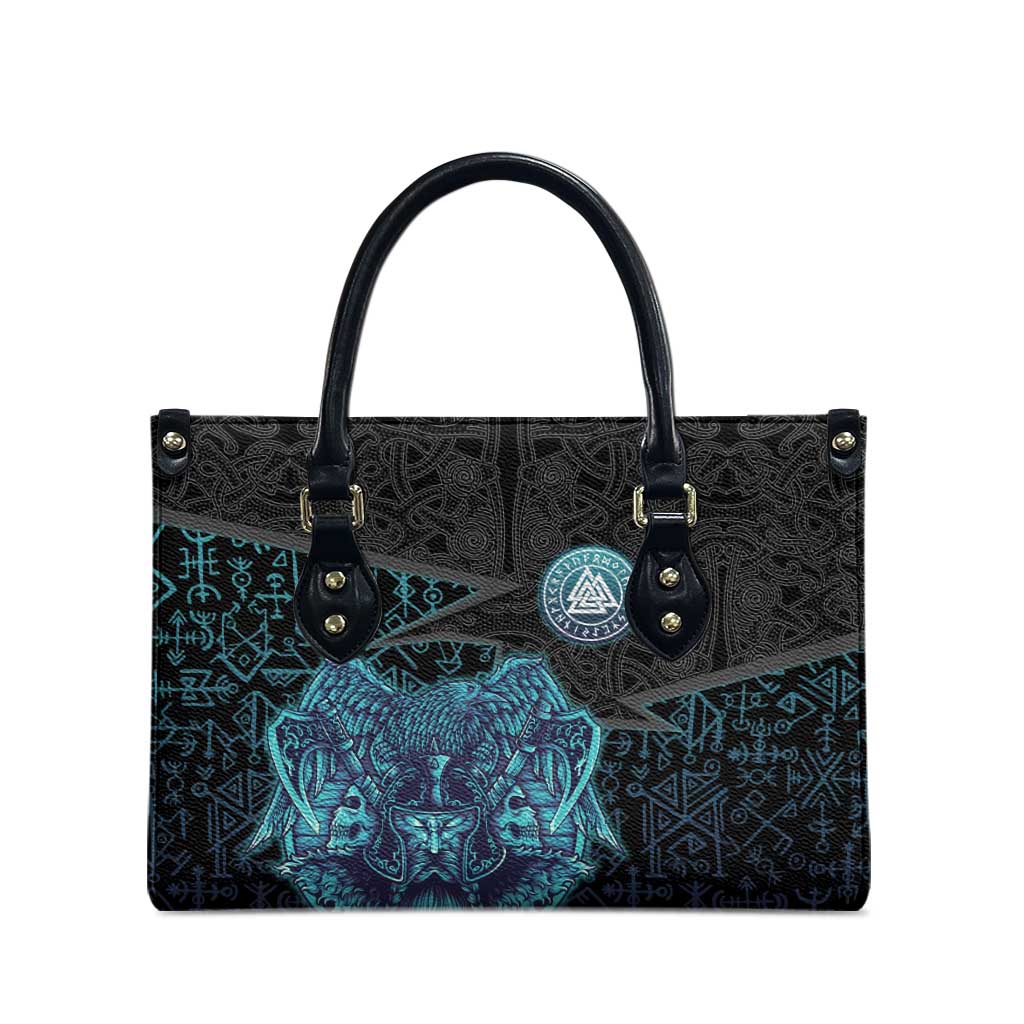 Viking Warrior and Raven Norse Mythology Leather Bag Neon Line Art with Rune Patterns