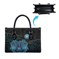 Viking Warrior and Raven Norse Mythology Leather Bag Neon Line Art with Rune Patterns