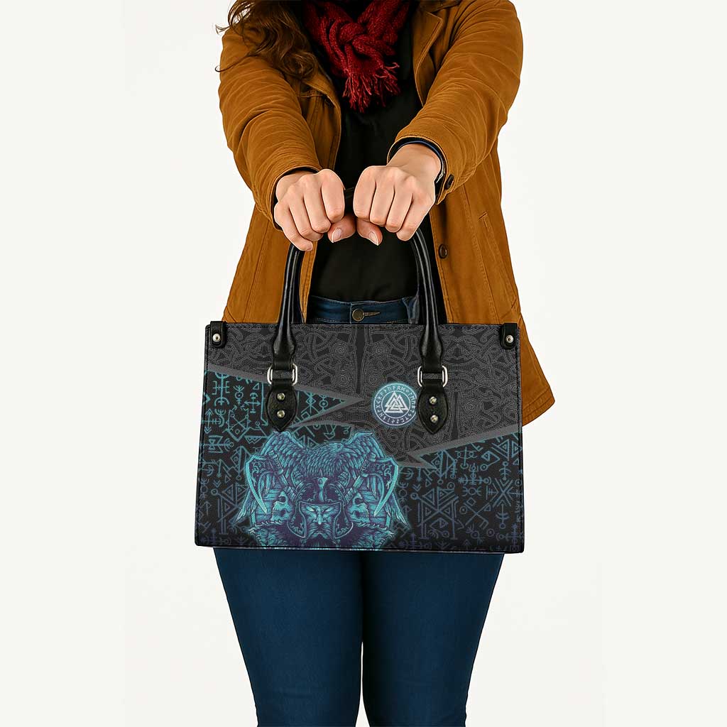 Viking Warrior and Raven Norse Mythology Leather Bag Neon Line Art with Rune Patterns