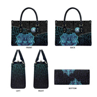 Viking Warrior and Raven Norse Mythology Leather Bag Neon Line Art with Rune Patterns