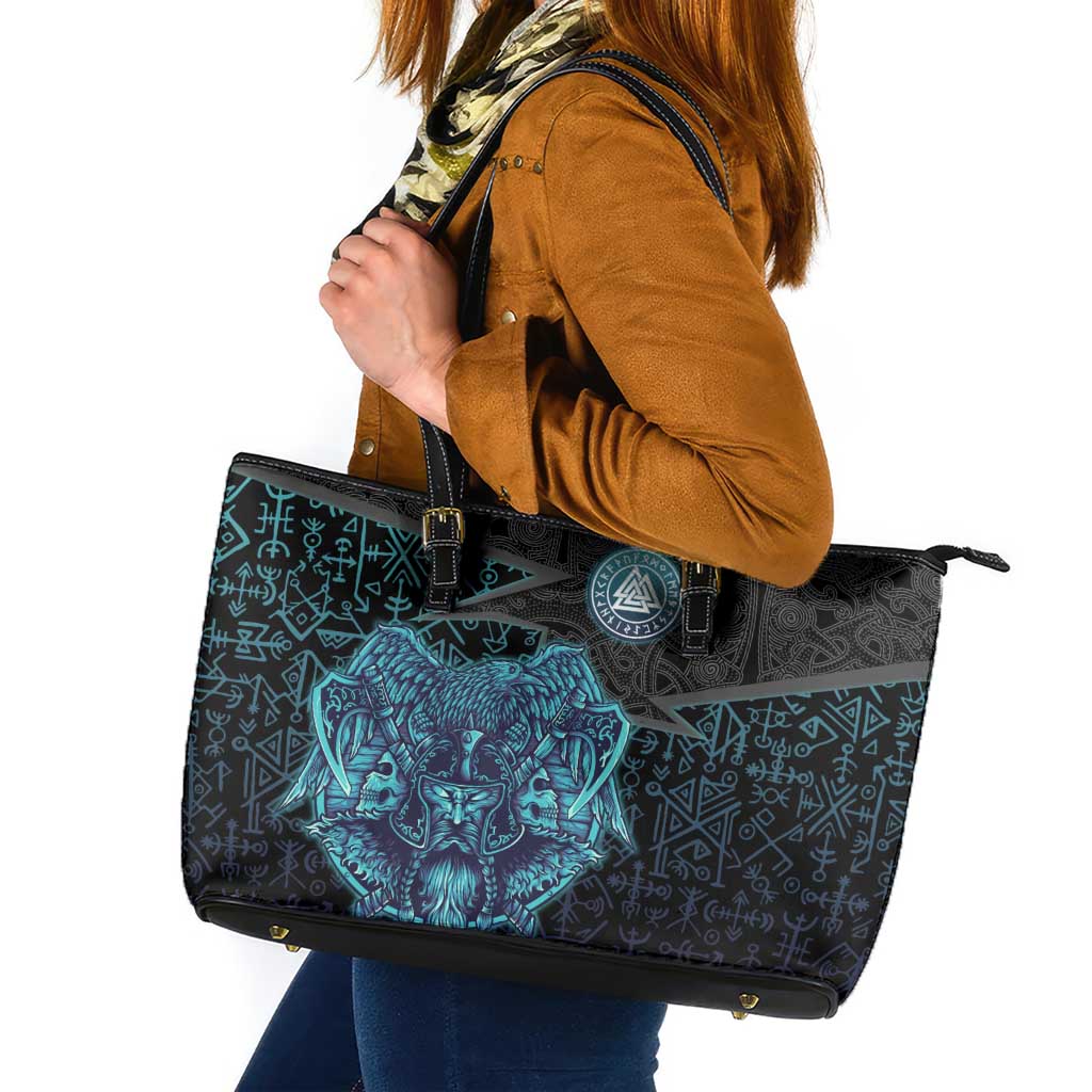 Viking Warrior and Raven Norse Mythology Leather Tote Bag Neon Line Art with Rune Patterns