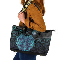 Viking Warrior and Raven Norse Mythology Leather Tote Bag Neon Line Art with Rune Patterns