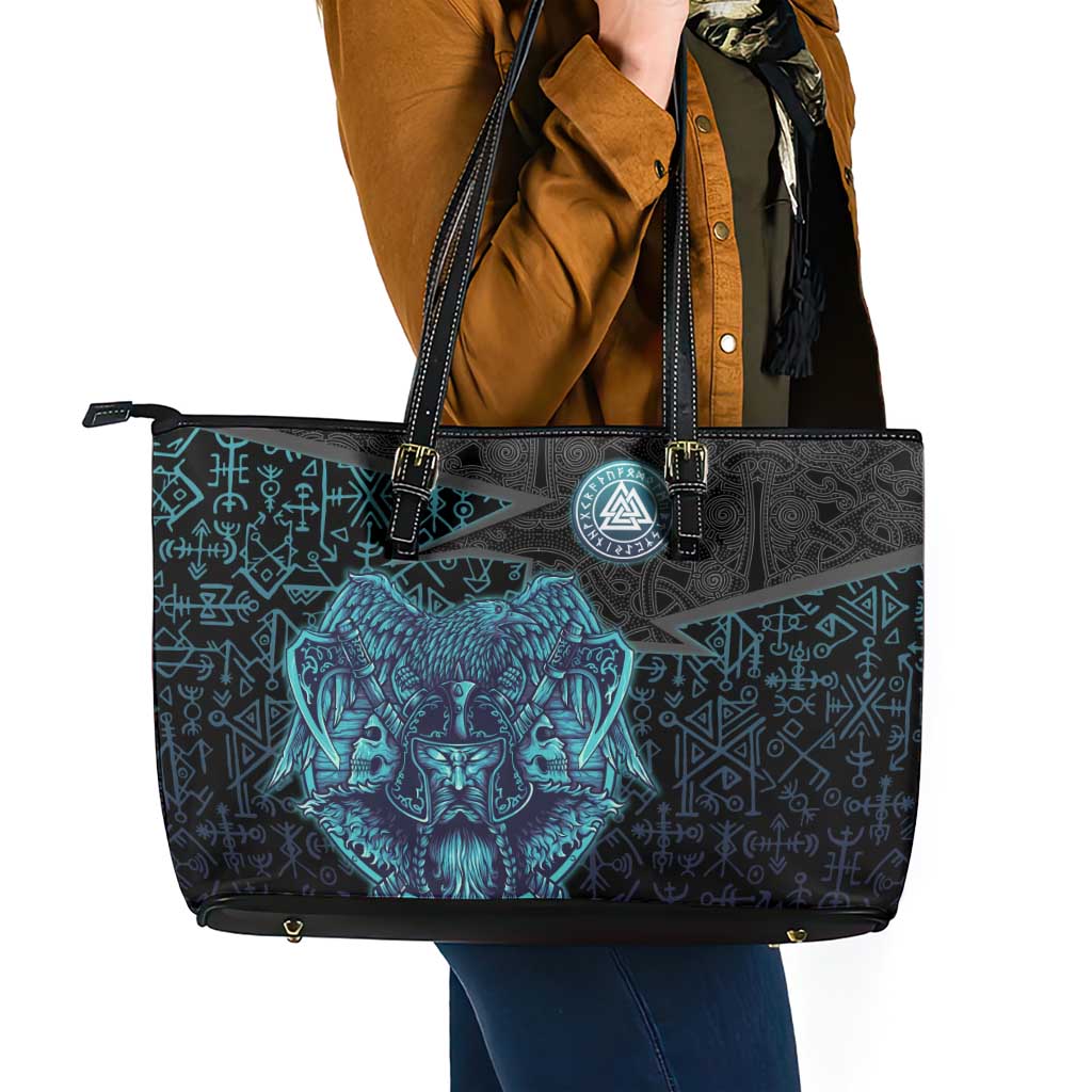 Viking Warrior and Raven Norse Mythology Leather Tote Bag Neon Line Art with Rune Patterns