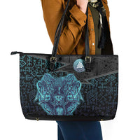 Viking Warrior and Raven Norse Mythology Leather Tote Bag Neon Line Art with Rune Patterns