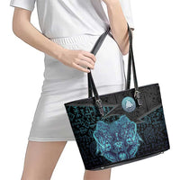 Viking Warrior and Raven Norse Mythology Leather Tote Bag Neon Line Art with Rune Patterns
