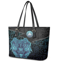 Viking Warrior and Raven Norse Mythology Leather Tote Bag Neon Line Art with Rune Patterns