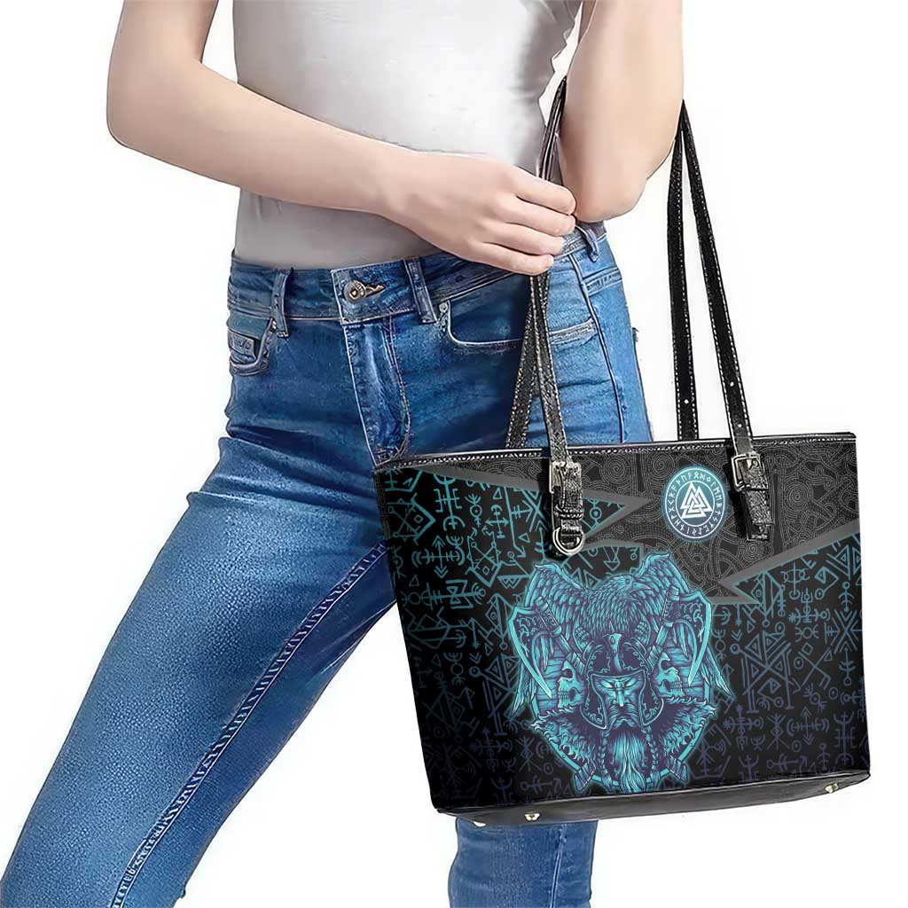 Viking Warrior and Raven Norse Mythology Leather Tote Bag Neon Line Art with Rune Patterns