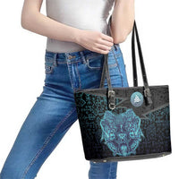 Viking Warrior and Raven Norse Mythology Leather Tote Bag Neon Line Art with Rune Patterns