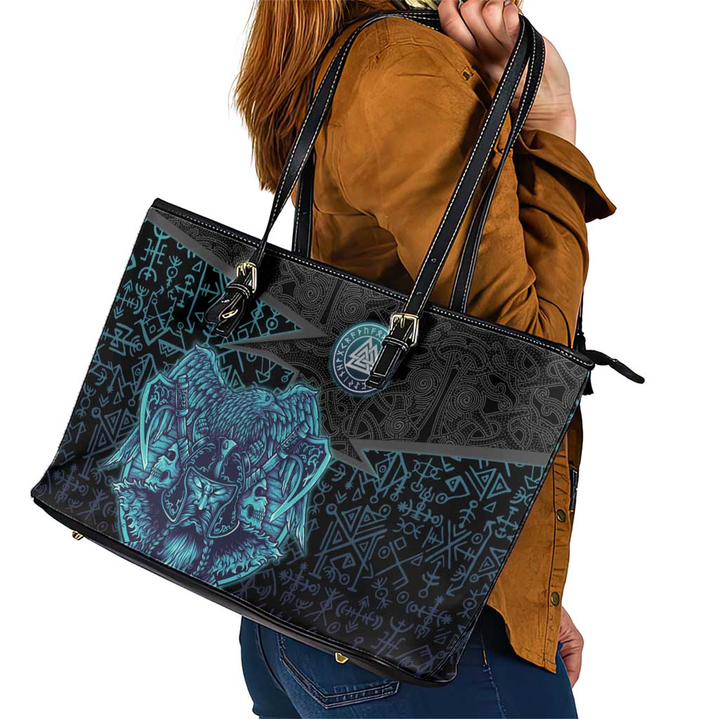 Viking Warrior and Raven Norse Mythology Leather Tote Bag Neon Line Art with Rune Patterns