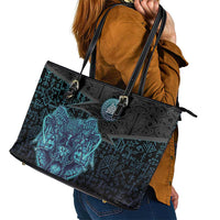 Viking Warrior and Raven Norse Mythology Leather Tote Bag Neon Line Art with Rune Patterns