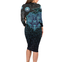 Viking Warrior and Raven Norse Mythology Long Sleeve Bodycon Dress Neon Line Art with Rune Patterns