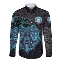 Viking Warrior and Raven Norse Mythology Long Sleeve Button Shirt Neon Line Art with Rune Patterns