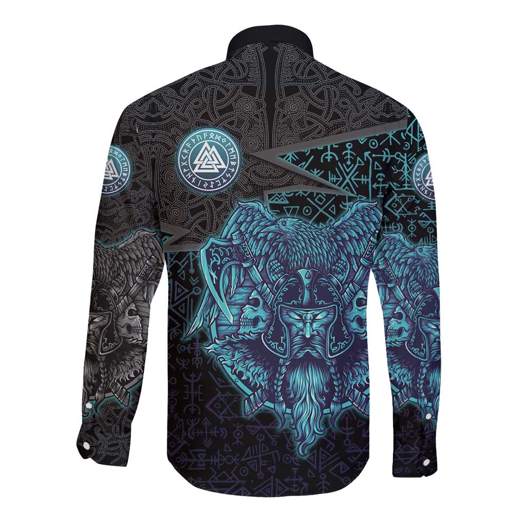 Viking Warrior and Raven Norse Mythology Long Sleeve Button Shirt Neon Line Art with Rune Patterns