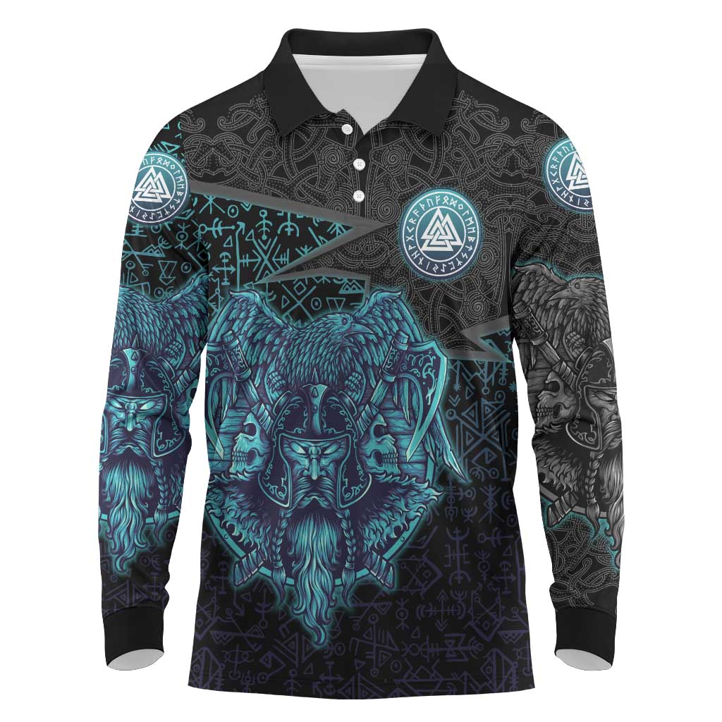 Viking Warrior and Raven Norse Mythology Long Sleeve Polo Shirt Neon Line Art with Rune Patterns