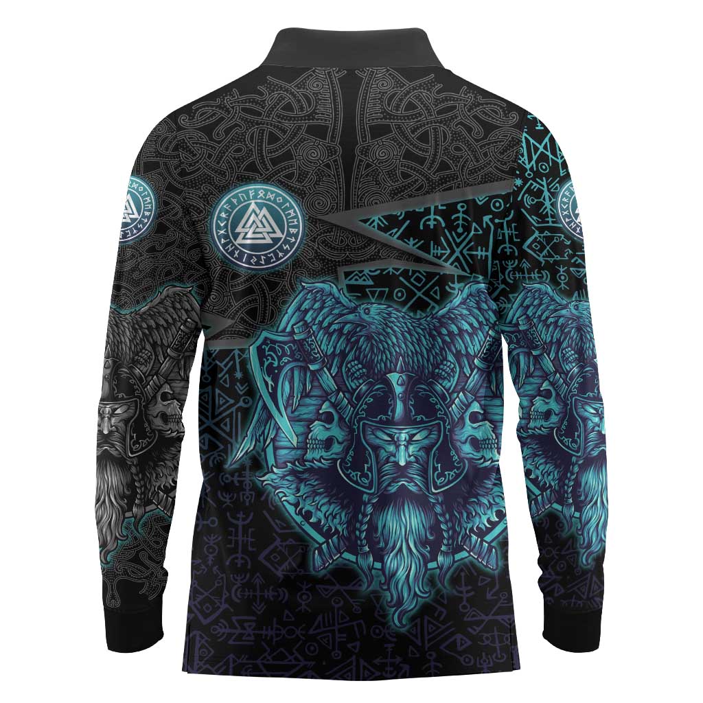 Viking Warrior and Raven Norse Mythology Long Sleeve Polo Shirt Neon Line Art with Rune Patterns