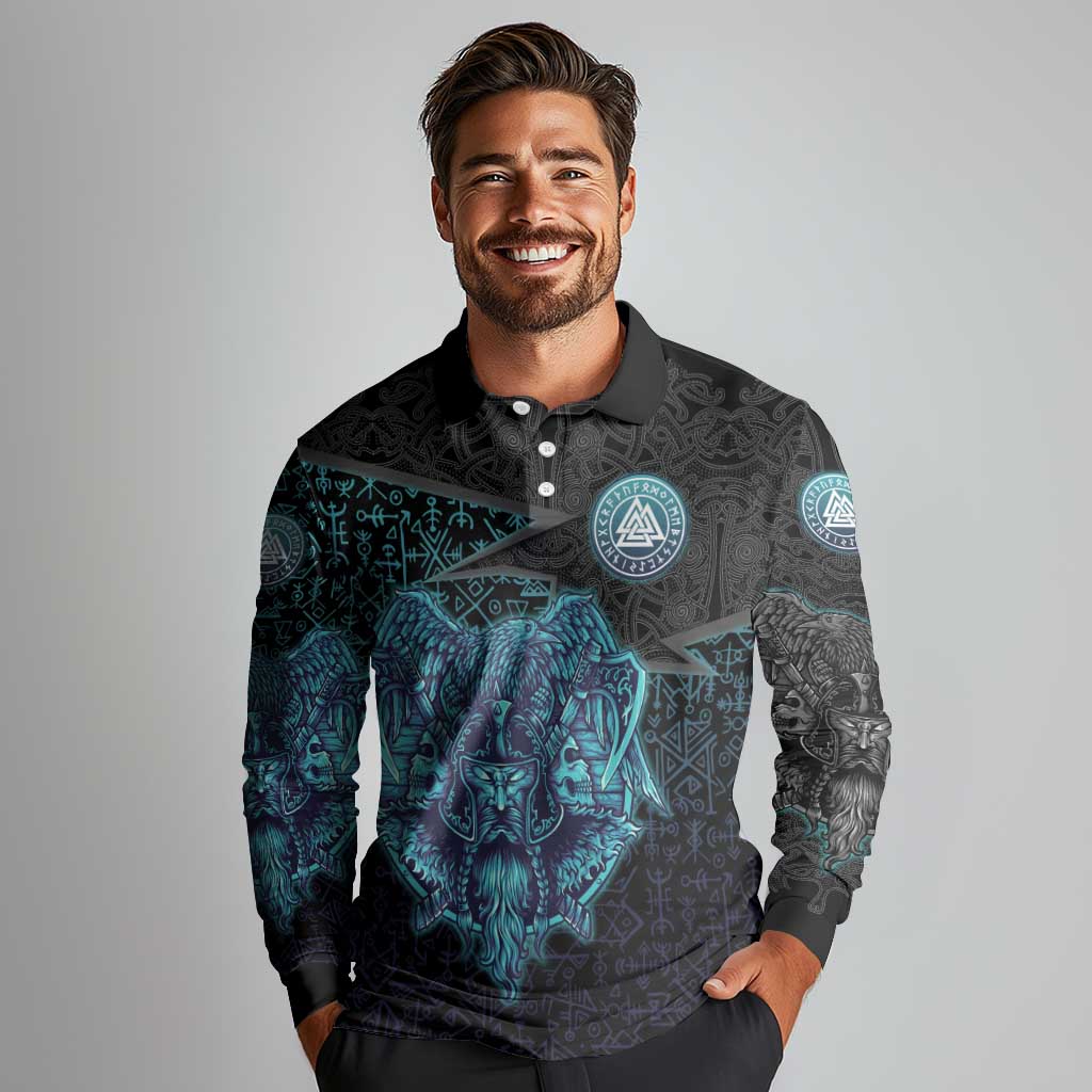 Viking Warrior and Raven Norse Mythology Long Sleeve Polo Shirt Neon Line Art with Rune Patterns