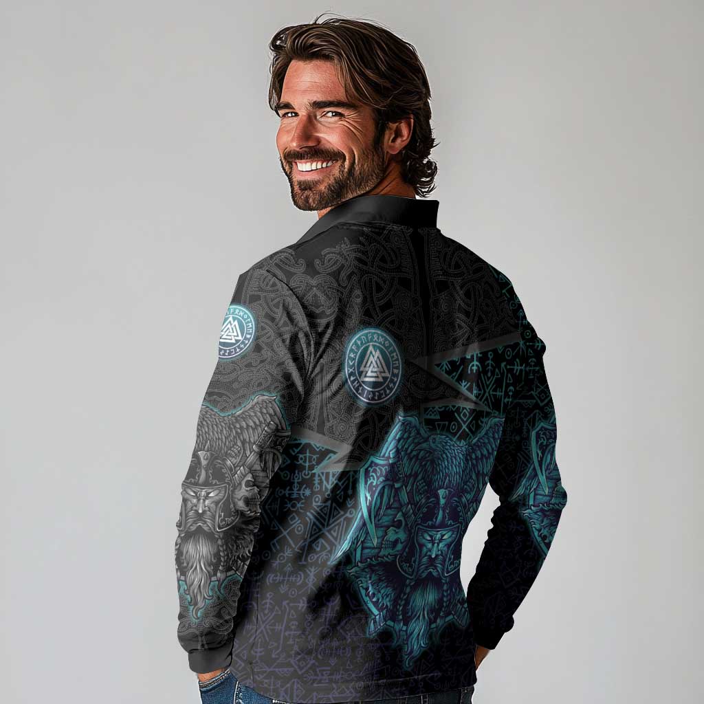 Viking Warrior and Raven Norse Mythology Long Sleeve Polo Shirt Neon Line Art with Rune Patterns
