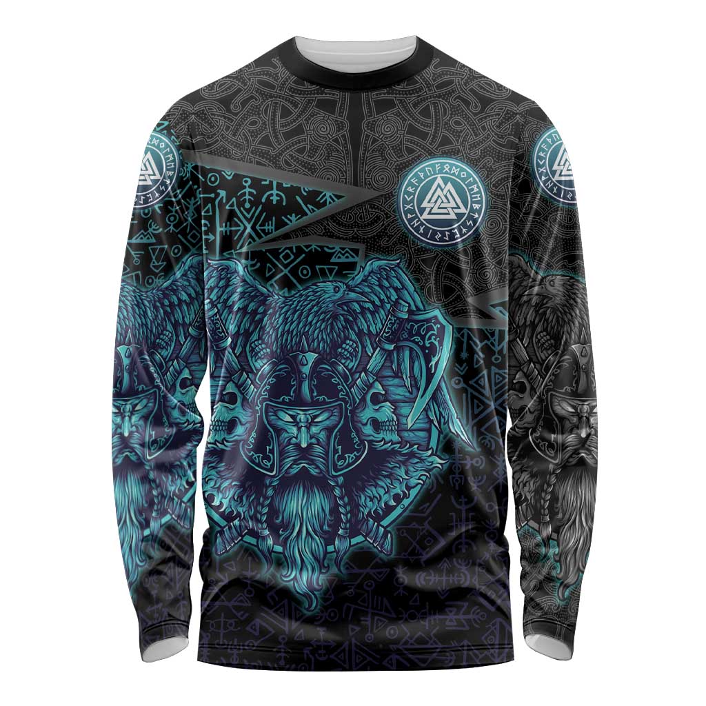 Viking Warrior and Raven Norse Mythology Long Sleeve Shirt Neon Line Art with Rune Patterns