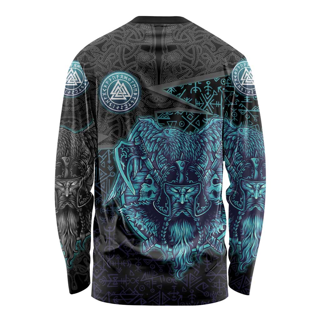 Viking Warrior and Raven Norse Mythology Long Sleeve Shirt Neon Line Art with Rune Patterns