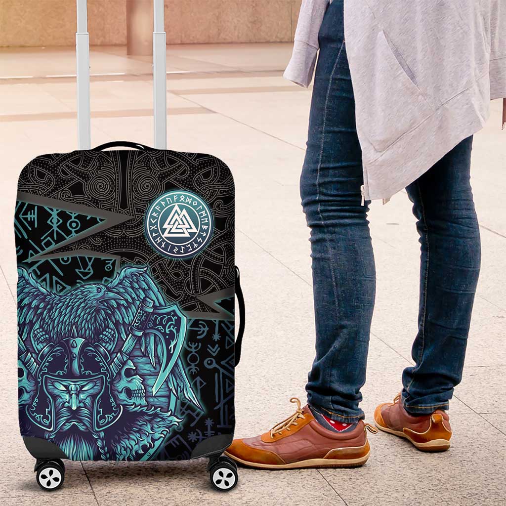 Viking Warrior and Raven Norse Mythology Luggage Cover Neon Line Art with Rune Patterns