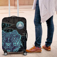 Viking Warrior and Raven Norse Mythology Luggage Cover Neon Line Art with Rune Patterns