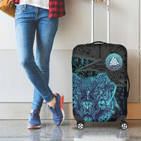 Viking Warrior and Raven Norse Mythology Luggage Cover Neon Line Art with Rune Patterns