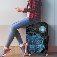 Viking Warrior and Raven Norse Mythology Luggage Cover Neon Line Art with Rune Patterns