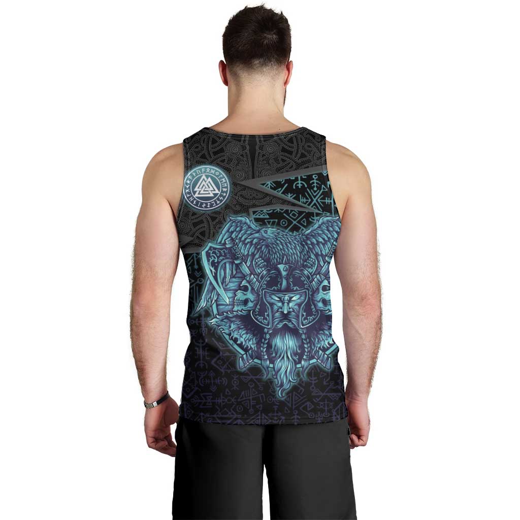 Viking Warrior and Raven Norse Mythology Men Tank Top Neon Line Art with Rune Patterns