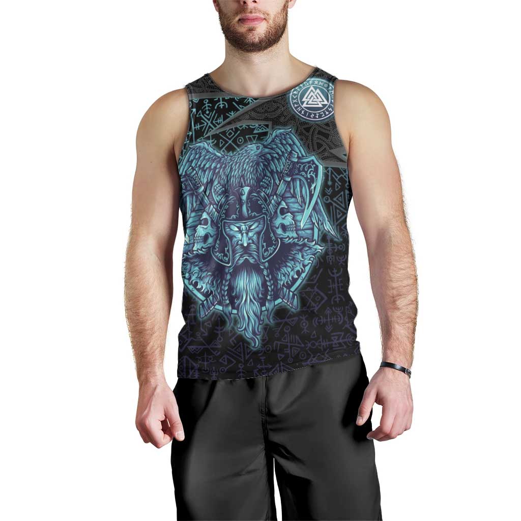 Viking Warrior and Raven Norse Mythology Men Tank Top Neon Line Art with Rune Patterns