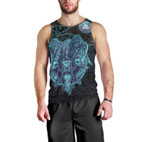 Viking Warrior and Raven Norse Mythology Men Tank Top Neon Line Art with Rune Patterns