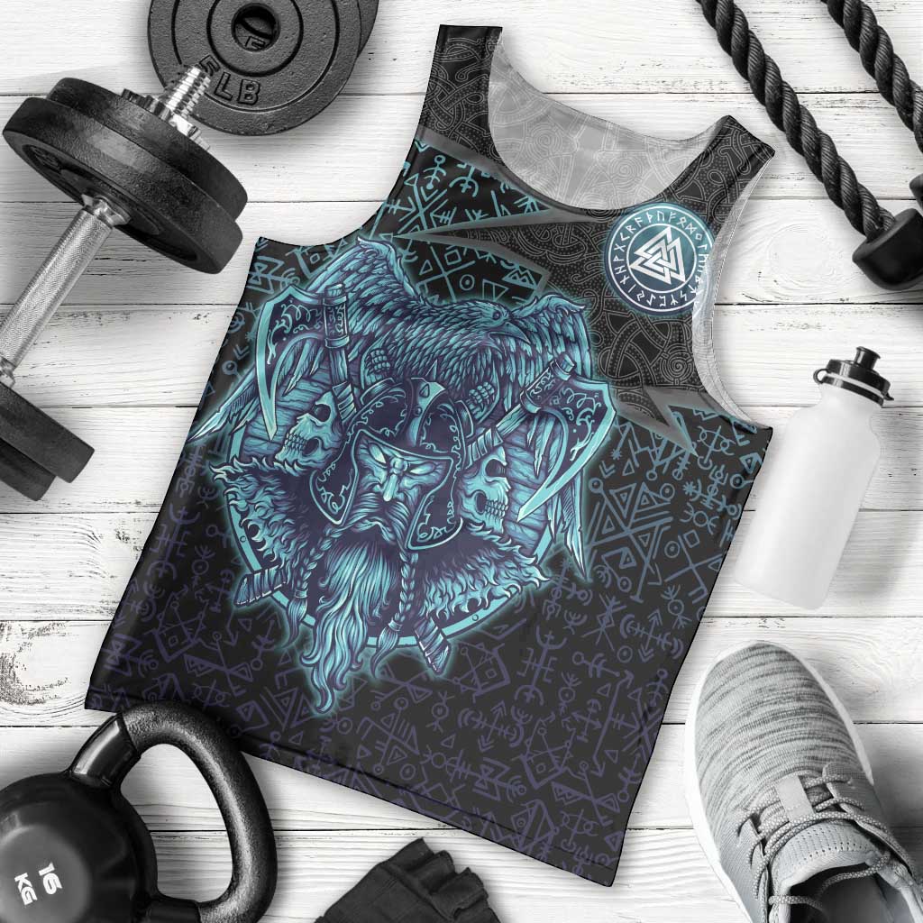Viking Warrior and Raven Norse Mythology Men Tank Top Neon Line Art with Rune Patterns