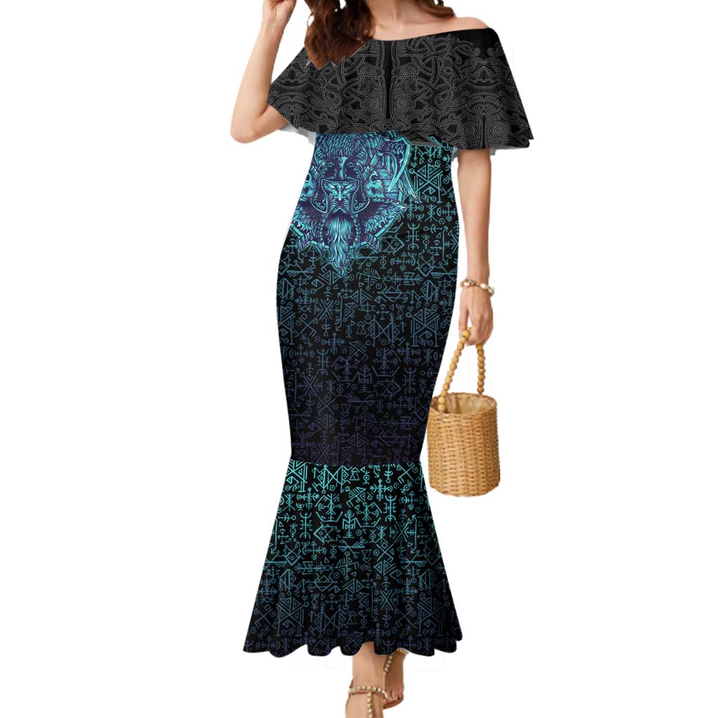 Viking Warrior and Raven Norse Mythology Mermaid Dress Neon Line Art with Rune Patterns