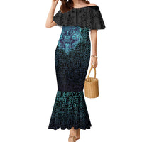 Viking Warrior and Raven Norse Mythology Mermaid Dress Neon Line Art with Rune Patterns